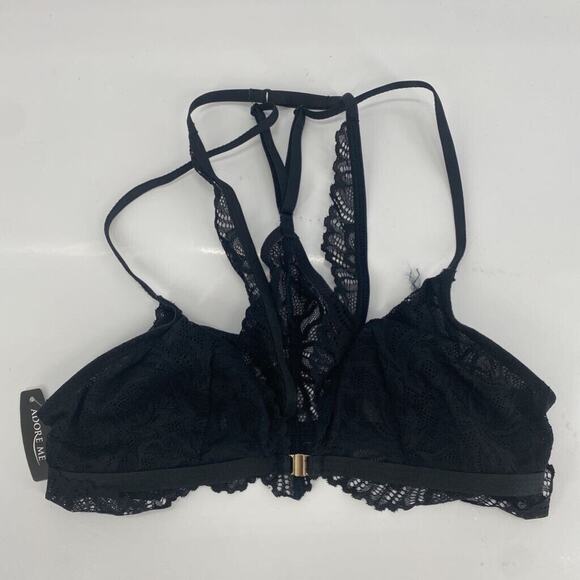Adore Me Bra Set Womens Small Black Floral Lace Racerback Stretch Sheer Panty - Picture 2 of 8
